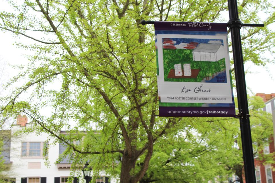 2024 Poster Contest Winner Liza Ghezzi&#039;s poster displayed in downtown Easton.