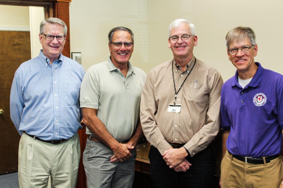 Department of Public Works. From left: County Manager Clay Stamp, County Engineer Ray Clarke, Mike Mertaugh (25 yrs), Council Vice President Pete Lesher