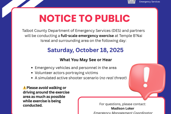 Talbot County to Hold Emergency Training Exercise Saturday, October 18