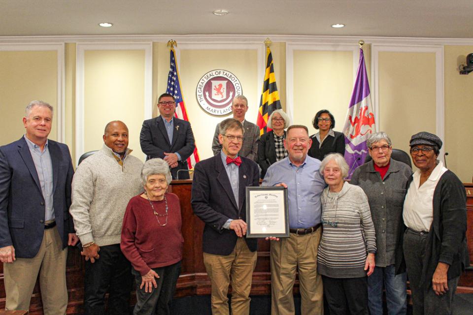 Front from left: Andy Hollis, Corey Pack, Kay Brodie, Council Vice President Pete Lesher; Bill Shrieves; Jean Shrieves; Judy Musch, Childlene Brooks, Manager, Brookletts Place, Talbot Senior Center.