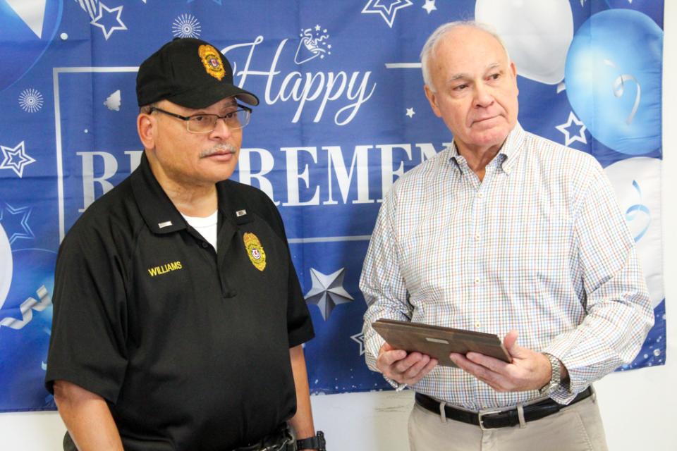 Department of Corrections Director Terry Kokolis (left), offers remarks about Lt. William&#039;s 33 Years of Service.