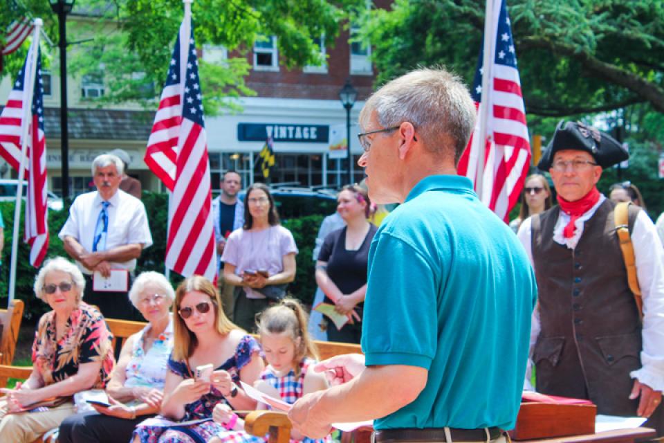 Talbot County Council Vice President, Pete Lesher provides remarks during the 250th Anniversary of the Talbot Resolves Commemoration Event on May 24, 2024.