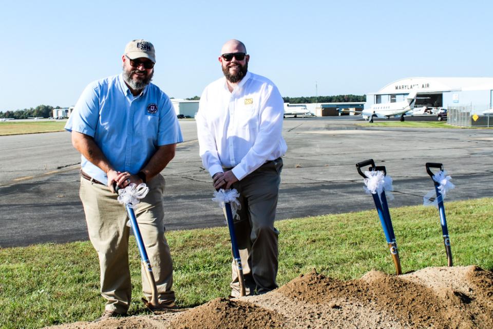 Easton Airport Manager Micah Risher, and Construction Project Manager, Derek Jones, get ready to shovel dirt at the Groundbreaking.