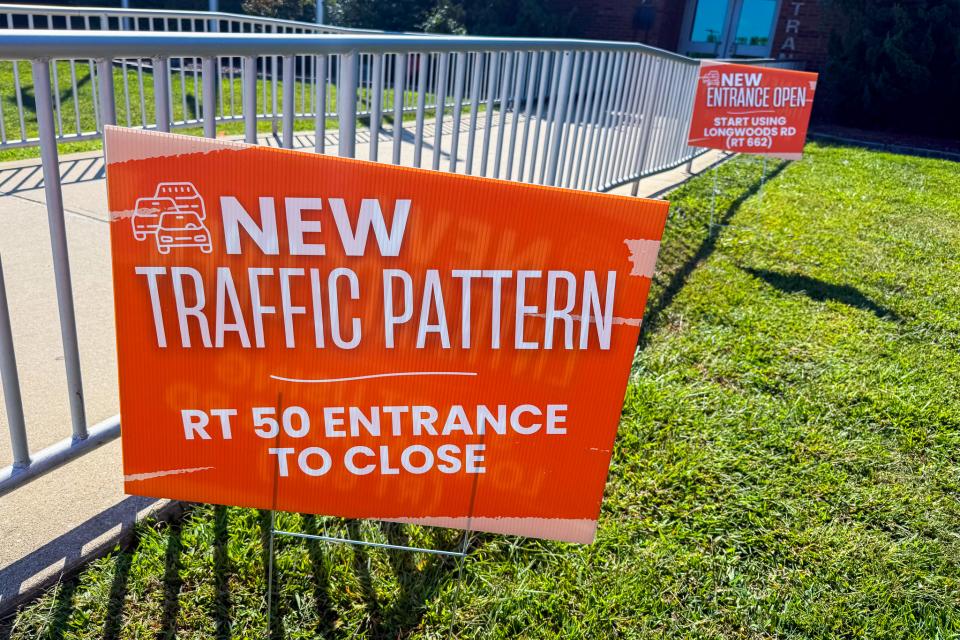 Sign at Ice Rink Entrance indicating the new traffic pattern. September 2025.