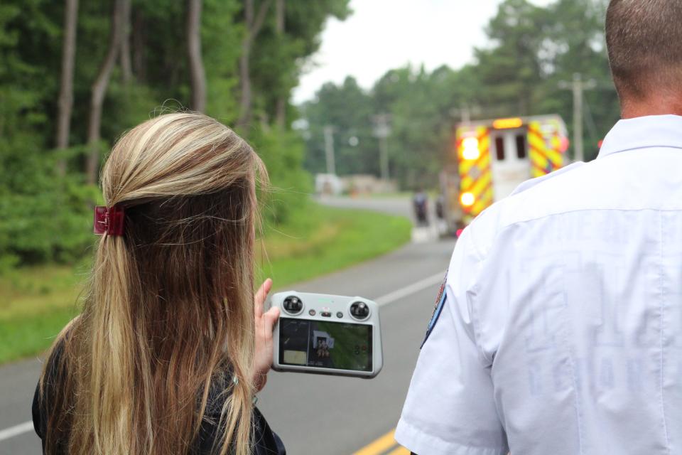 Katie Stafford, GIS and UAS Specialist for Talbot County Emergency Services, deploys drone to collect reconnaissance imaging and monitor hazmat team operation on July 24, 2024.