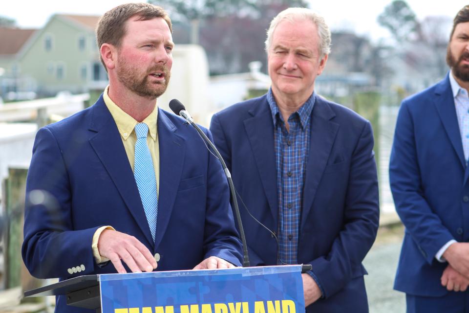 Nick Hargrove, Owner of Tilghman Island Seafood, addresses the crowd on his blue catfish processing facility.